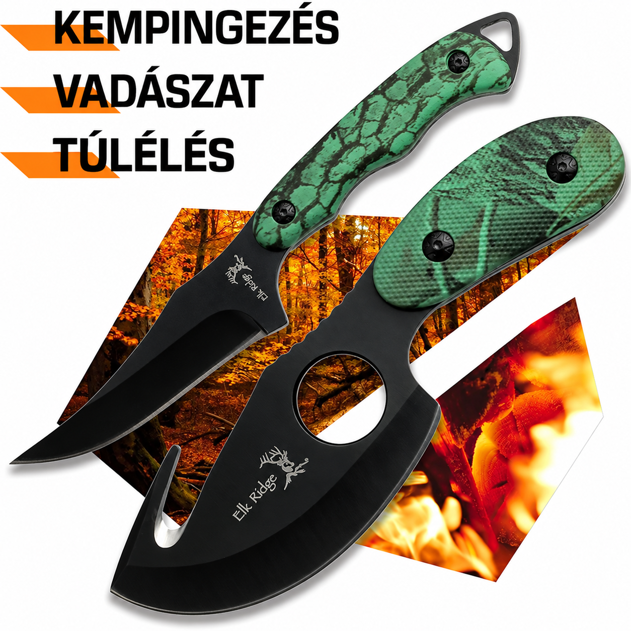 Elk Ridge 2 részes, fix pengés vadászkéskészlet – fekete rozsdamentes acél nyúzókés és zsigerelőkampós kés, ER-300CA, 7 hüvelyk / 6,5 hüvelyk (teljes hossz).