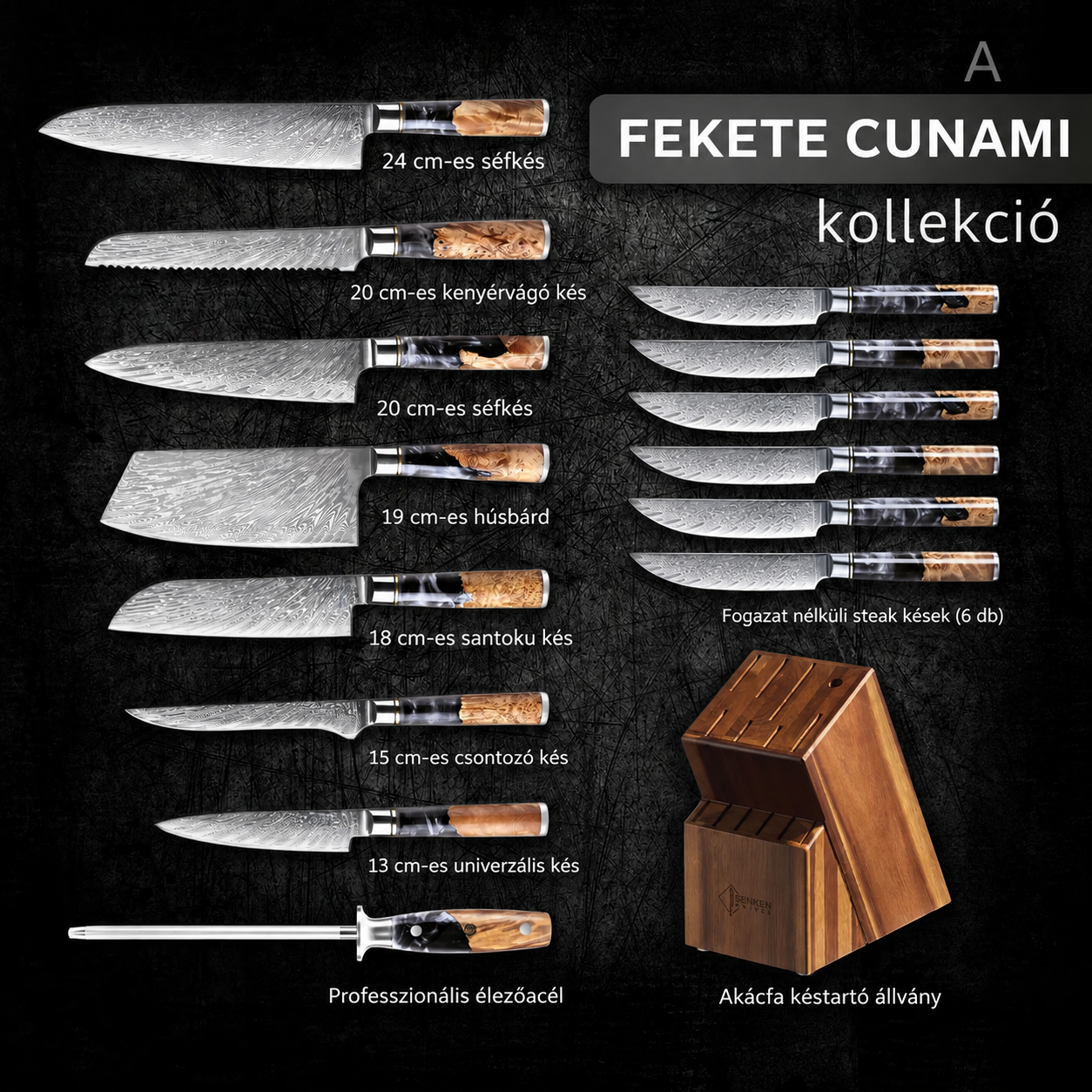 Black Tsunami 15 darabos japán VG10 damaszkuszi késblokk készlet — fekete gyantából készült fa nyéllel
