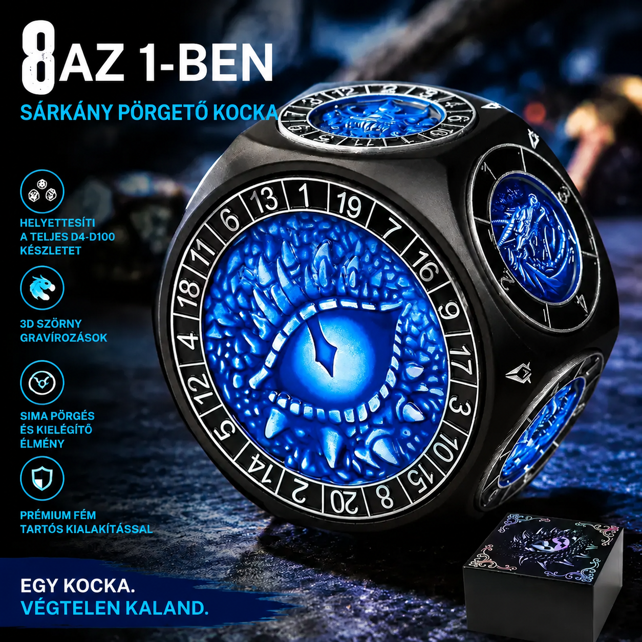 8 az 1-ben masszív, 60 mm-es fém pörgethető dobókocka 3D-s szörnygravírozással. Simán és hosszan pörög, 12 éves kortól játékosoknak. A szín meglepetés, véletlenszerűen kerül kiválasztásra!