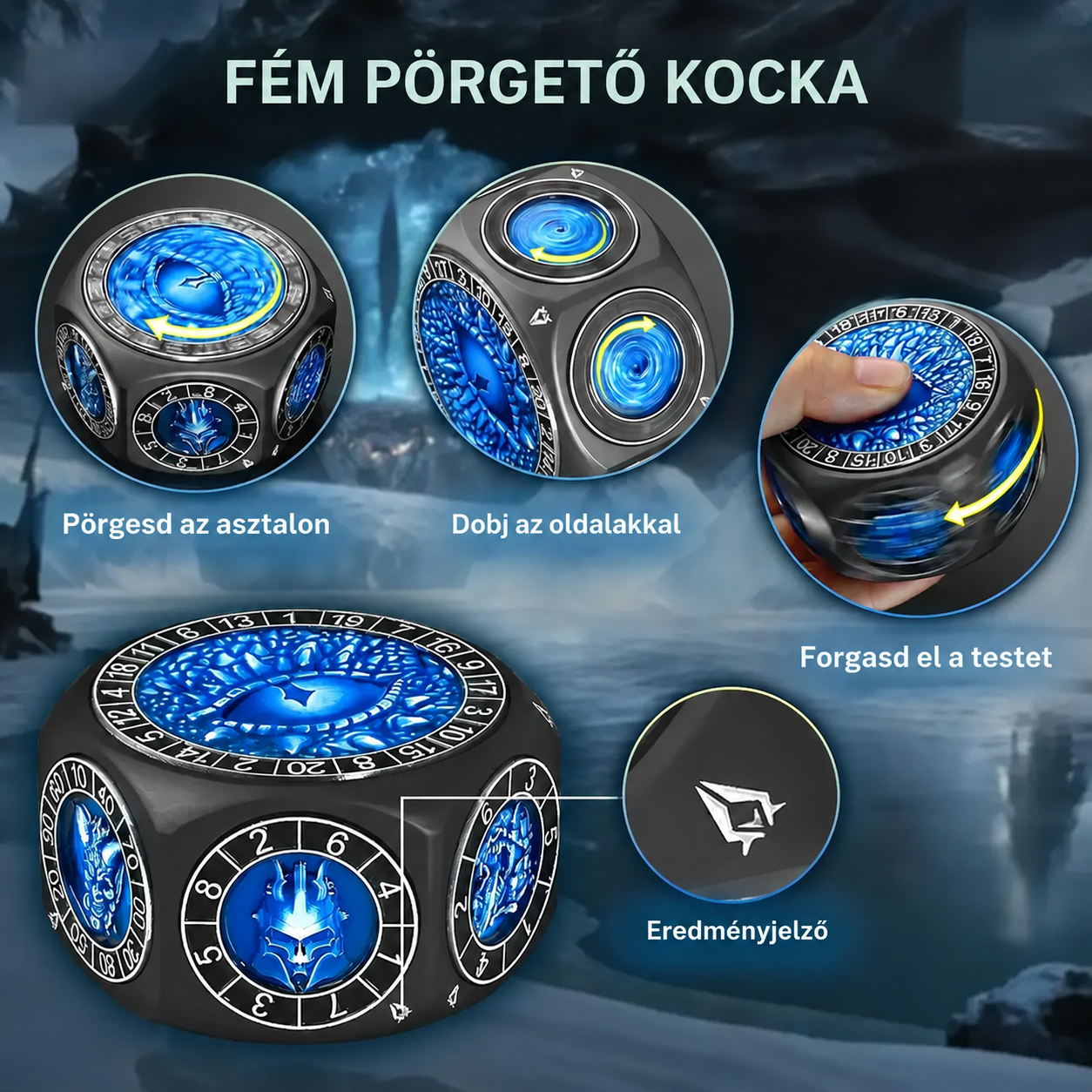 8 az 1-ben masszív, 60 mm-es fém pörgethető dobókocka 3D-s szörnygravírozással. Simán és hosszan pörög, 12 éves kortól játékosoknak. A szín meglepetés, véletlenszerűen kerül kiválasztásra!