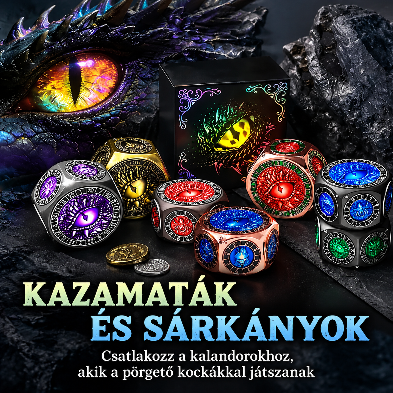 8 az 1-ben masszív, 60 mm-es fém pörgethető dobókocka 3D-s szörnygravírozással. Simán és hosszan pörög, 12 éves kortól játékosoknak. A szín meglepetés, véletlenszerűen kerül kiválasztásra!