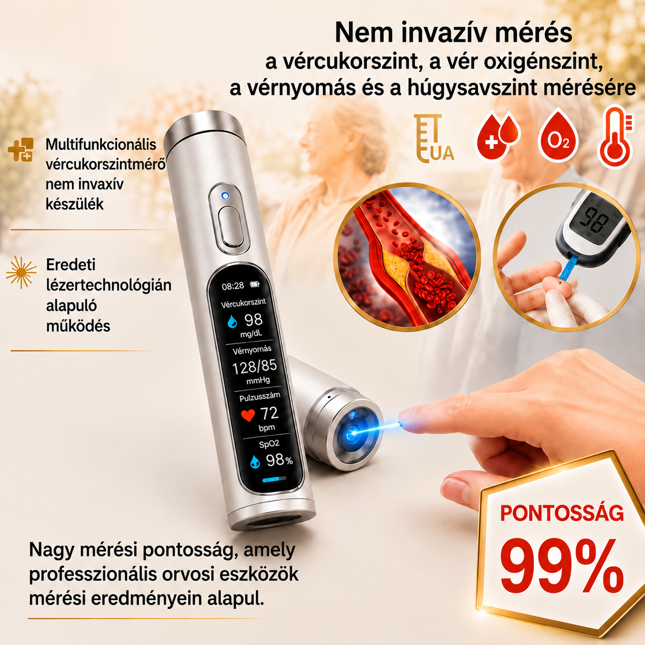 Nem invazív intelligens vércukorszint-követő eszköz 99,9%-os pontossággal
