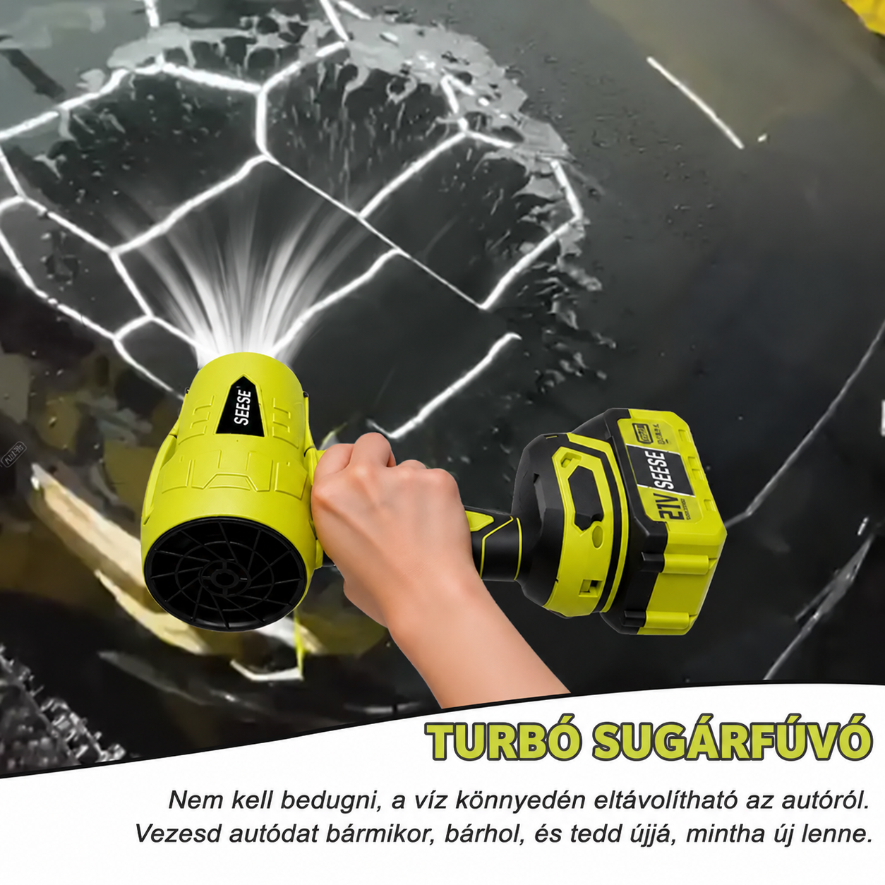 SEESE nagy teljesítményű vezeték nélküli turbó légfúvó – autószárításhoz, lombfúváshoz, portalanításhoz és kerttisztításhoz