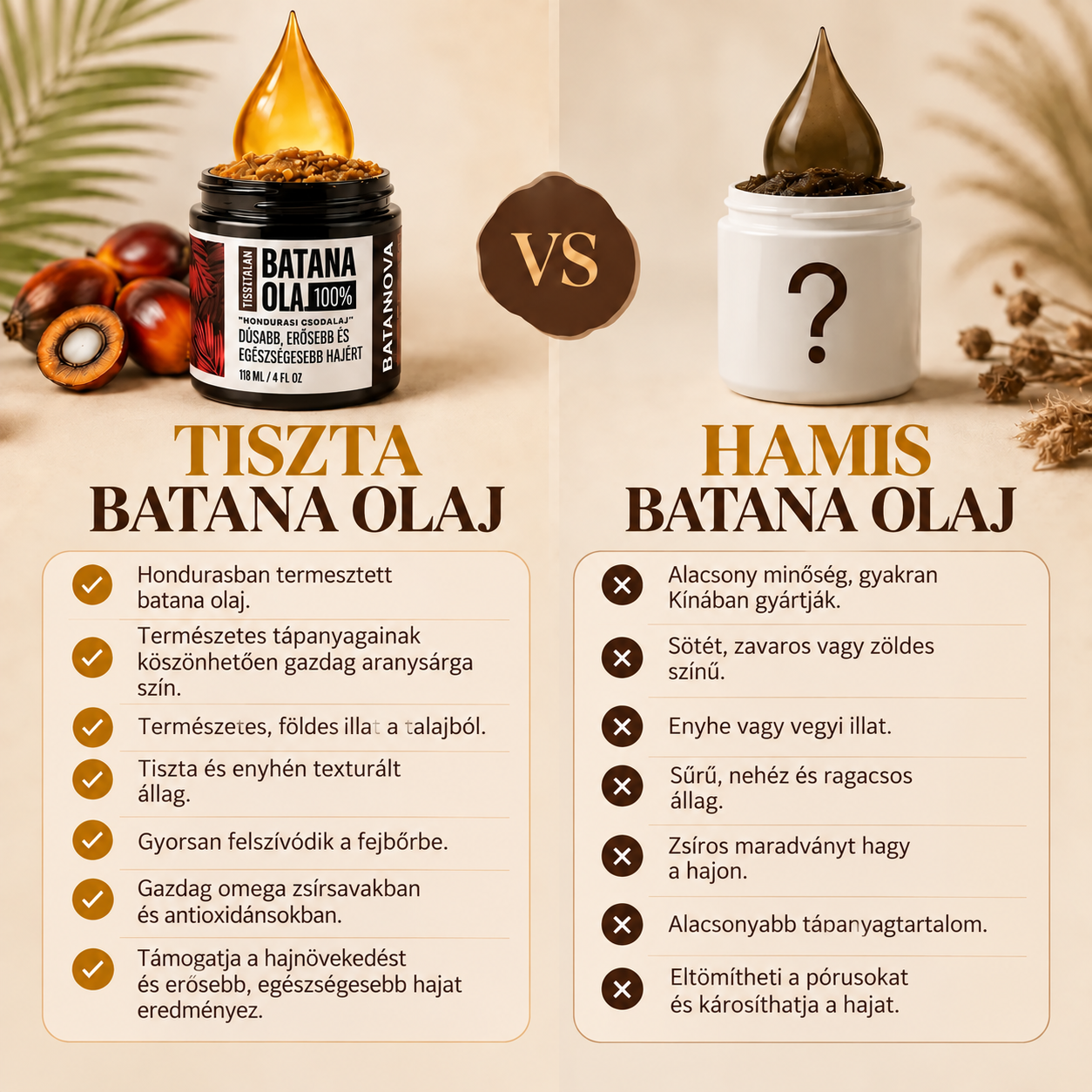 Tiszta és utánzat Batana olaj összehasonlítása
