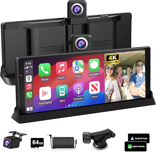 Philips 2026 Limitált Kiadású 10,26 hüvelykes autós CarPlay képernyő, 4K fedélzeti kamera, vezeték nélküli Apple CarPlay és Android Auto, egyedi tartó, 350°-ban forgatható kamera, hangvezérlés, Bluetooth navigáció és 1080P hátsó kamera
