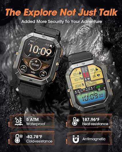 Katonai okosórák férfiaknak (hívásfogadás/hívásindítás), 2.02''-es fitnesz okosóra Androidra és iPhone-ra, vízálló fitneszkövető vérnyomás-/pulzusszám-/alvás-/100+ sportmóddal, órák férfiaknak