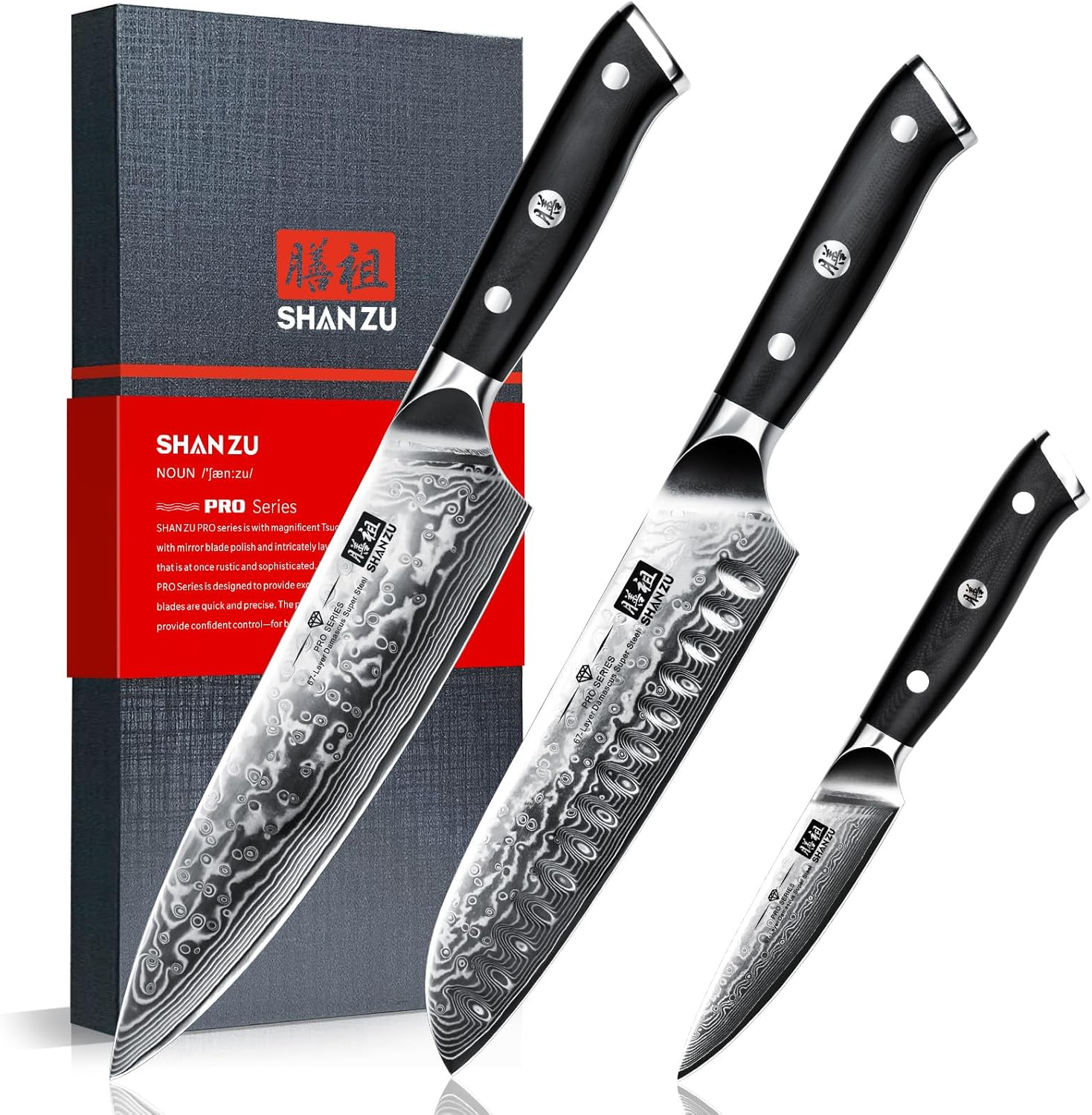 SHAN ZU Damascus Knife Set of 3 PCS, Japanese Damascus Steel 67 Layers Kitchen Knives Set High Carbon Professional Ultra-Sharp Chef Knife Set Ultra Sharp Cooking Utility Knife Set with G10 Handle