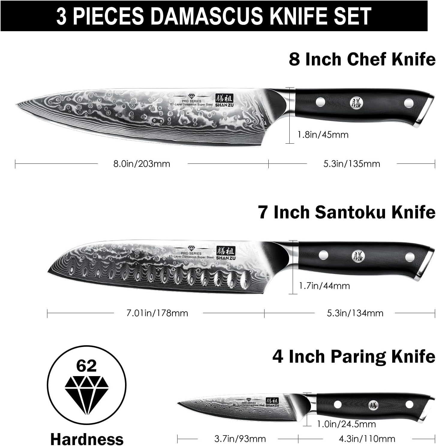 SHAN ZU Damascus Knife Set of 3 PCS, Japanese Damascus Steel 67 Layers Kitchen Knives Set High Carbon Professional Ultra-Sharp Chef Knife Set Ultra Sharp Cooking Utility Knife Set with G10 Handle