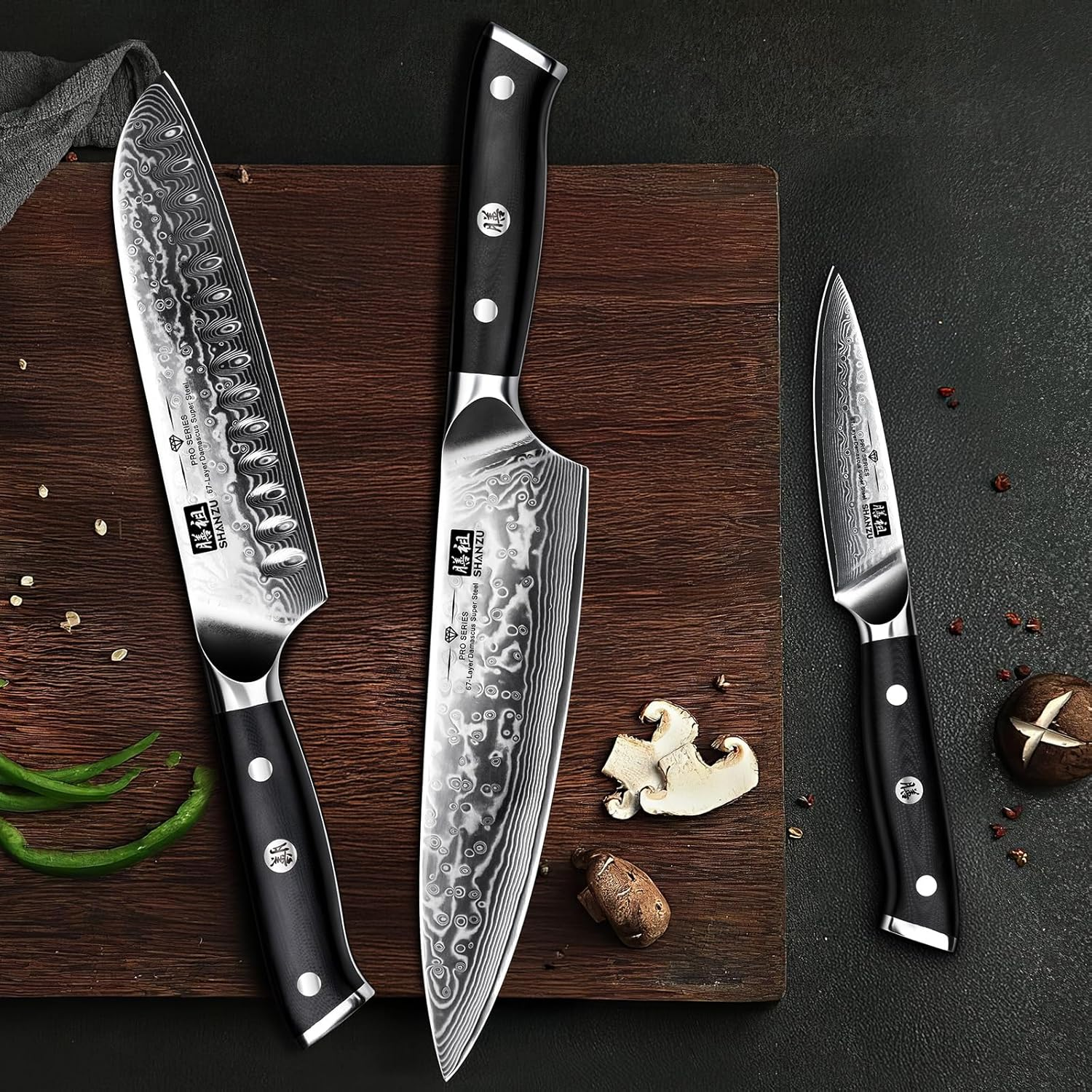 SHAN ZU Damascus Knife Set of 3 PCS, Japanese Damascus Steel 67 Layers Kitchen Knives Set High Carbon Professional Ultra-Sharp Chef Knife Set Ultra Sharp Cooking Utility Knife Set with G10 Handle