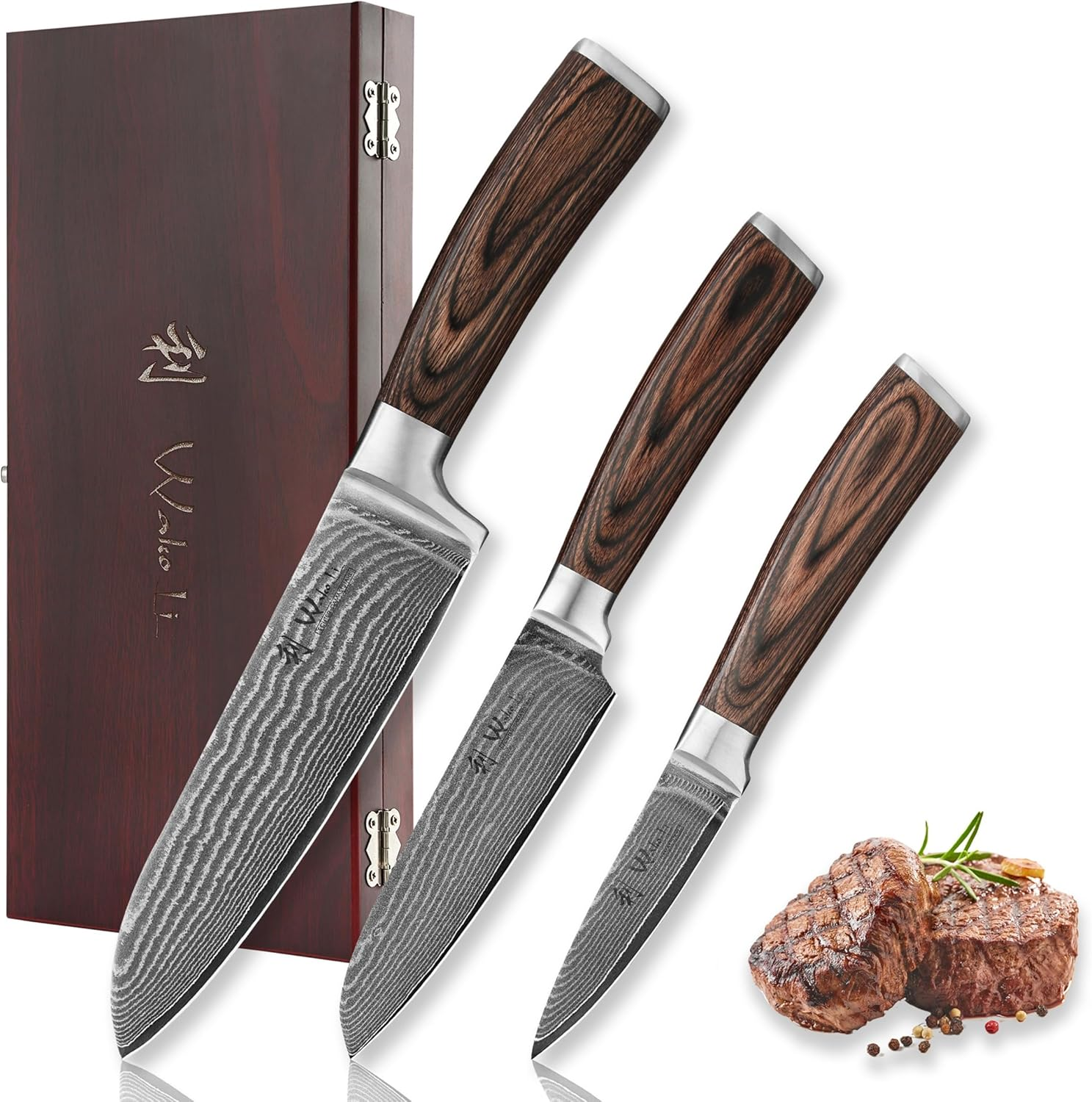 Wakoli EDIB 3 darabos damaszkuszi konyhakés készlet | Eredeti, 67 rétegű damaszkuszi acél VG10 maggal | Santoku és hámozókés | Ergonomikus pakkafa nyél | Fa díszdoboz