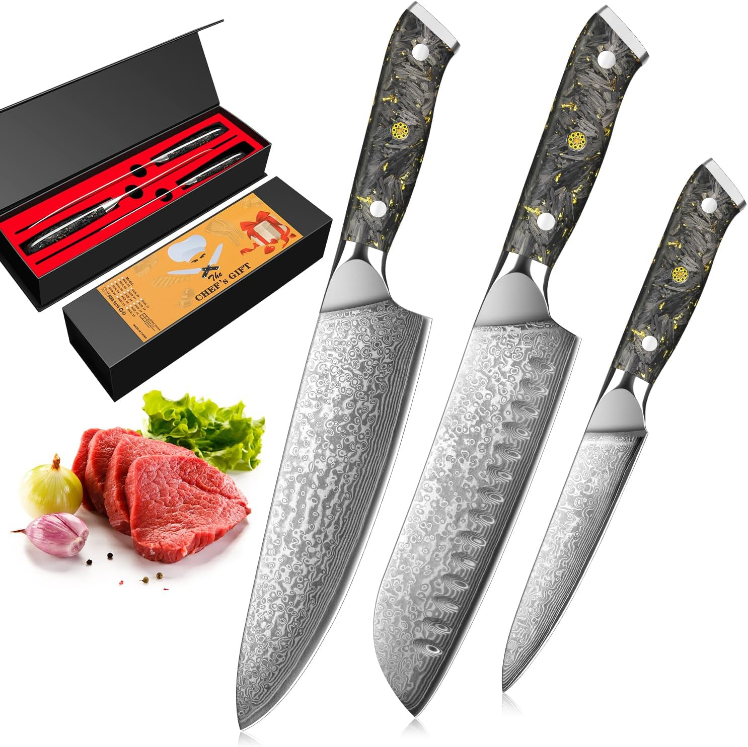 Home Safety 3 darabos damaszkuszi késkészlet – Séf-, Santoku- és univerzális kés, 67 rétegű VG10 acél, ajándékdoboz