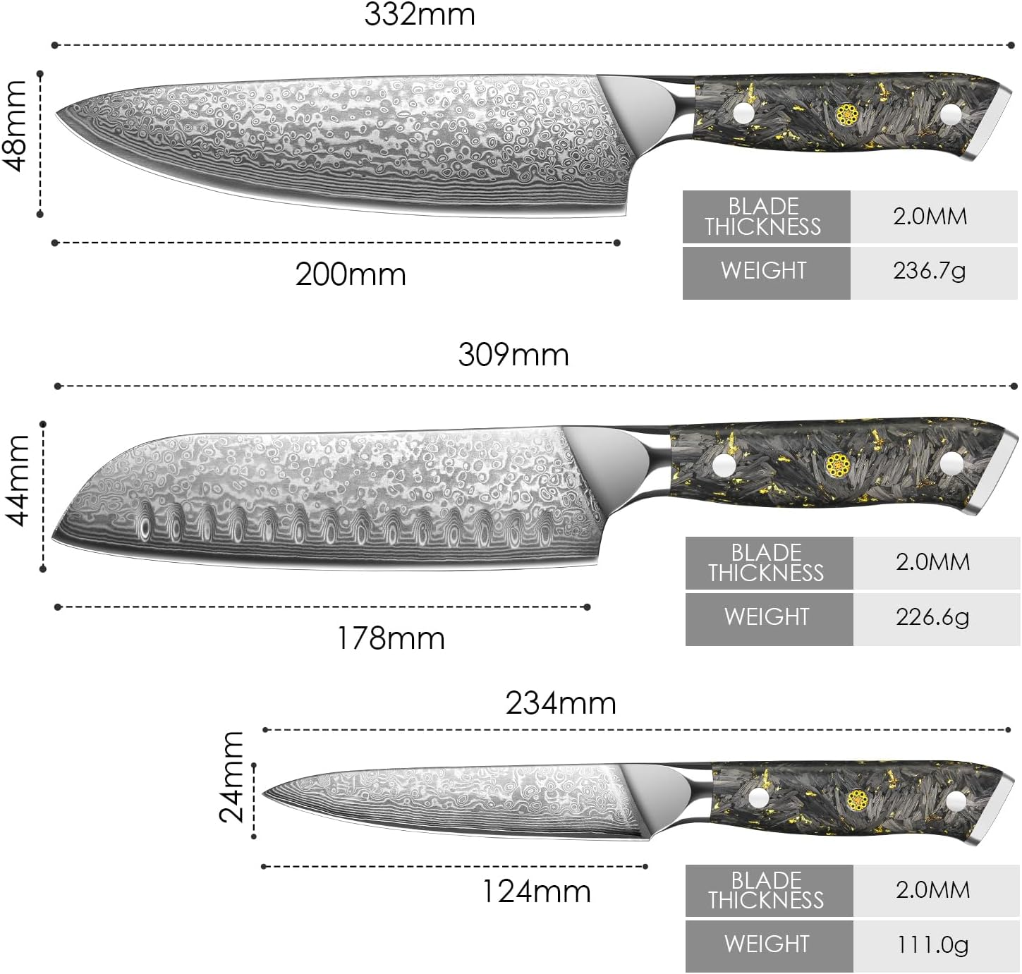 Home Safety 3 darabos damaszkuszi késkészlet – Séf-, Santoku- és univerzális kés, 67 rétegű VG10 acél, ajándékdoboz