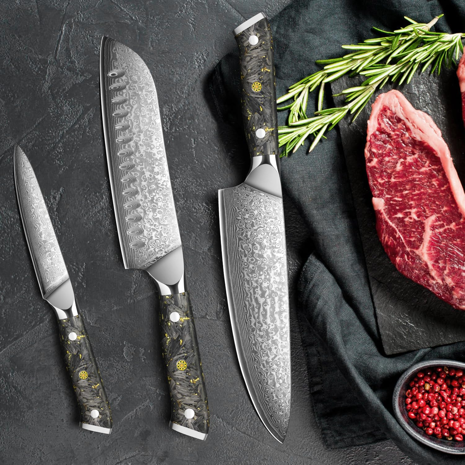 Home Safety 3 darabos damaszkuszi késkészlet – Séf-, Santoku- és univerzális kés, 67 rétegű VG10 acél, ajándékdoboz
