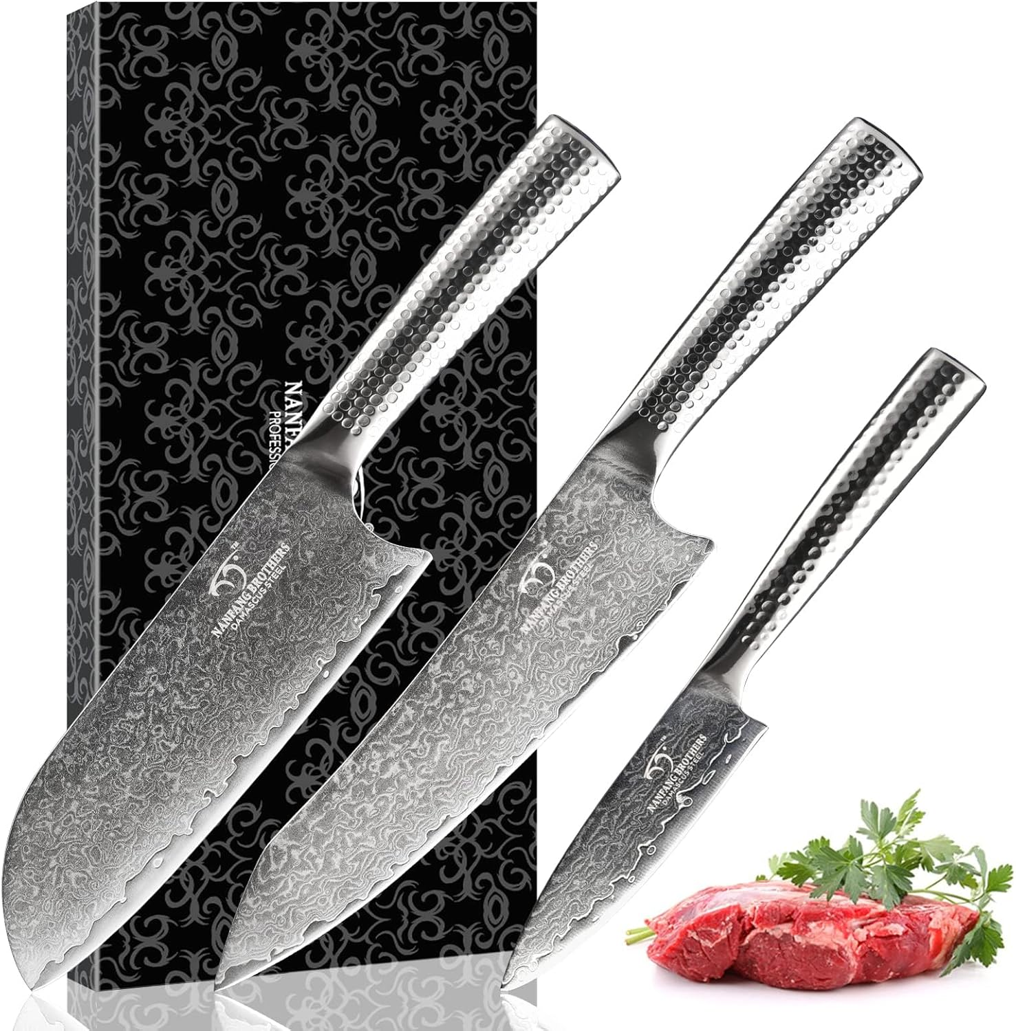 3 darabos damaszkuszi késkészlet – Séf-, Santoku- és hámozókés, 67 rétegű VG10 acél, kalapált japán stílusú nyél