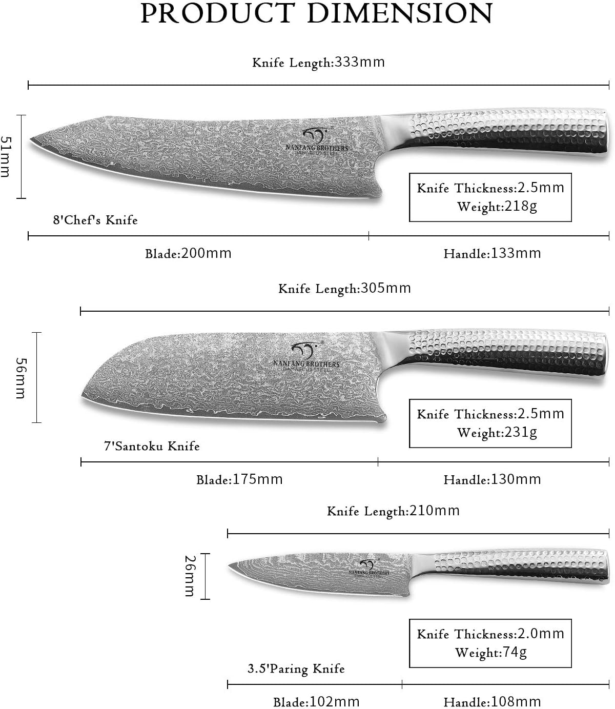 3 darabos damaszkuszi késkészlet – Séf-, Santoku- és hámozókés, 67 rétegű VG10 acél, kalapált japán stílusú nyél