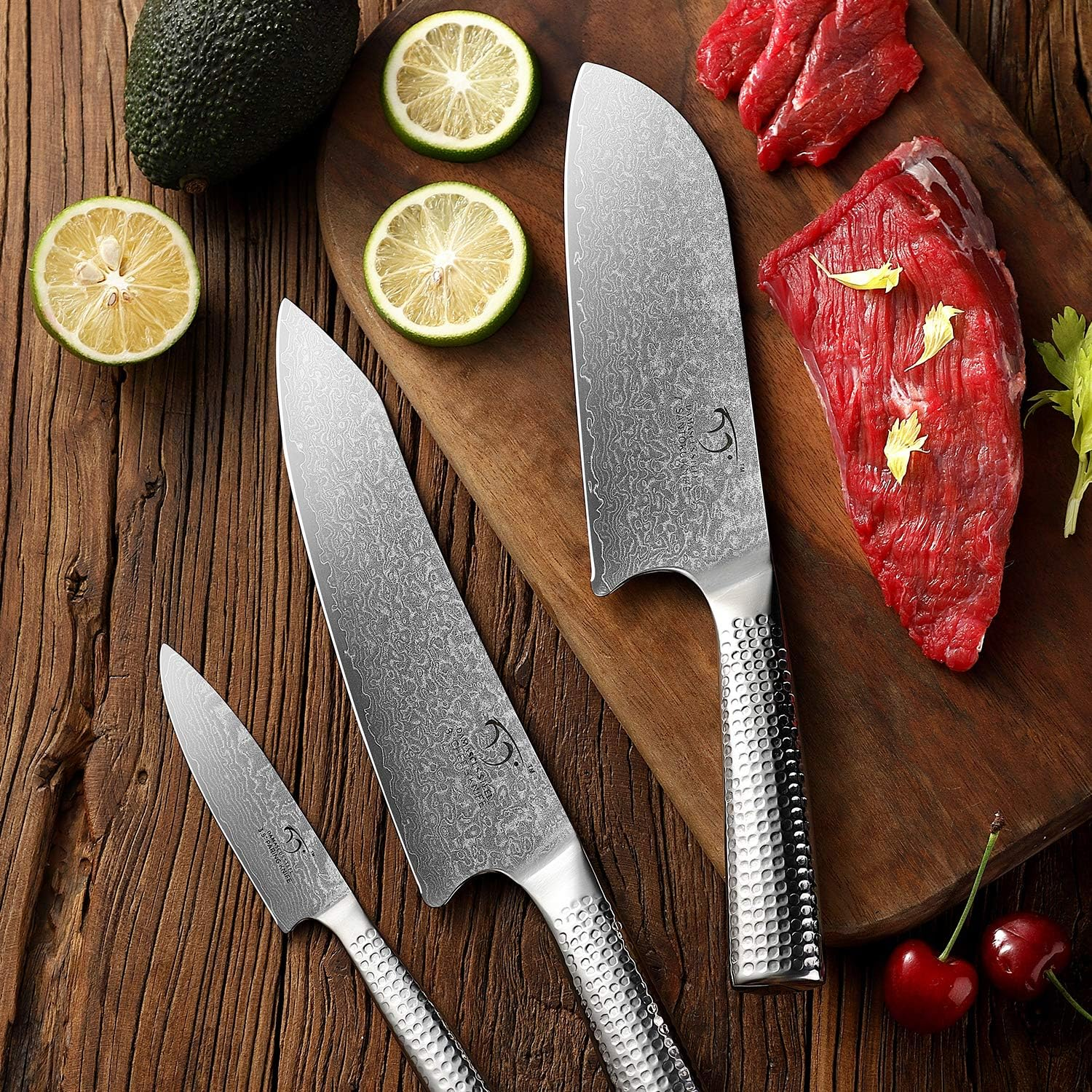 3 darabos damaszkuszi késkészlet – Séf-, Santoku- és hámozókés, 67 rétegű VG10 acél, kalapált japán stílusú nyél