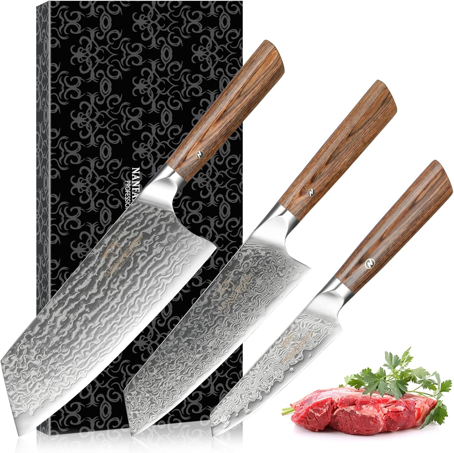NANFANG BROTHERS VG10 damaszkuszi acél késkészlet – 3 db, szeletelő, santoku és hámozókés, hús, zöldség és gyümölcs vágásához.