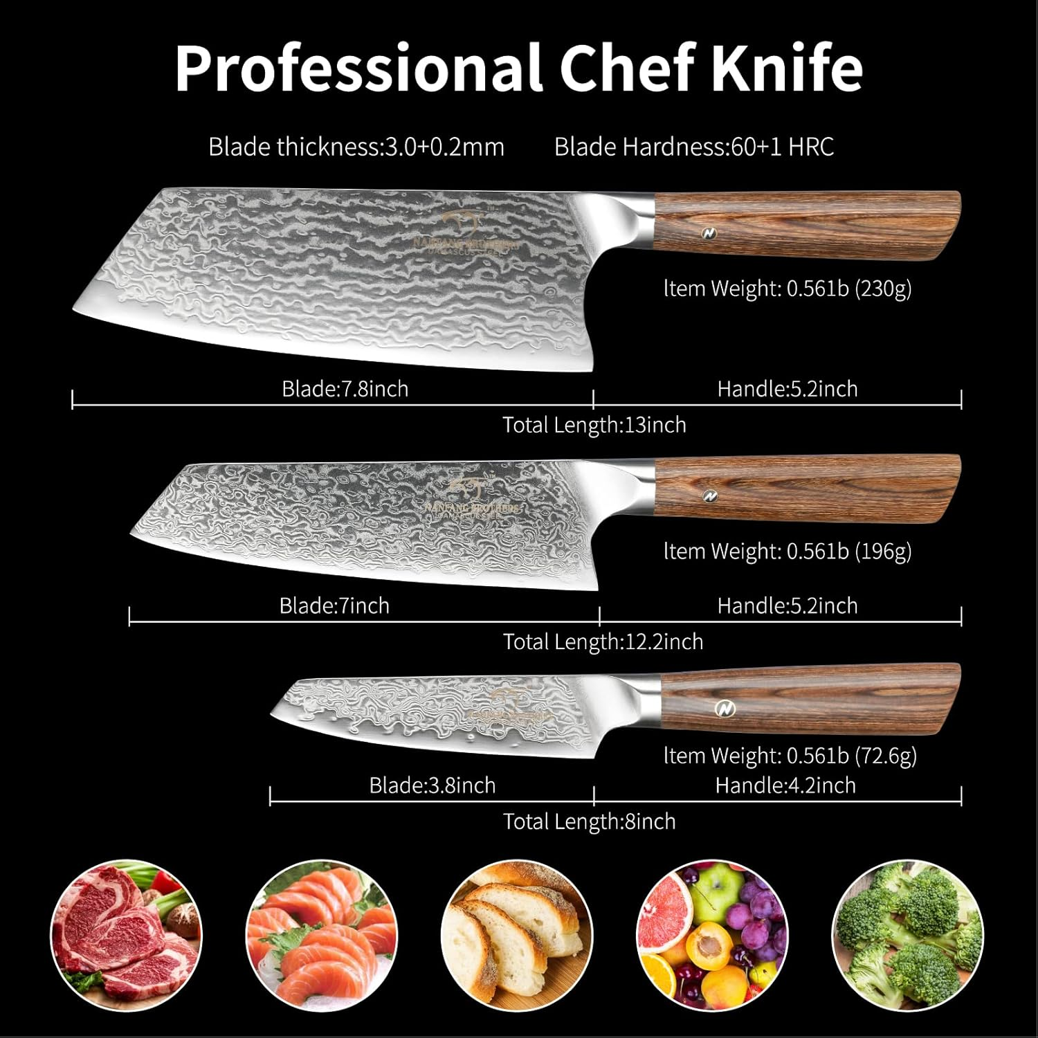 NANFANG BROTHERS VG10 damaszkuszi acél késkészlet – 3 db, szeletelő, santoku és hámozókés, hús, zöldség és gyümölcs vágásához.