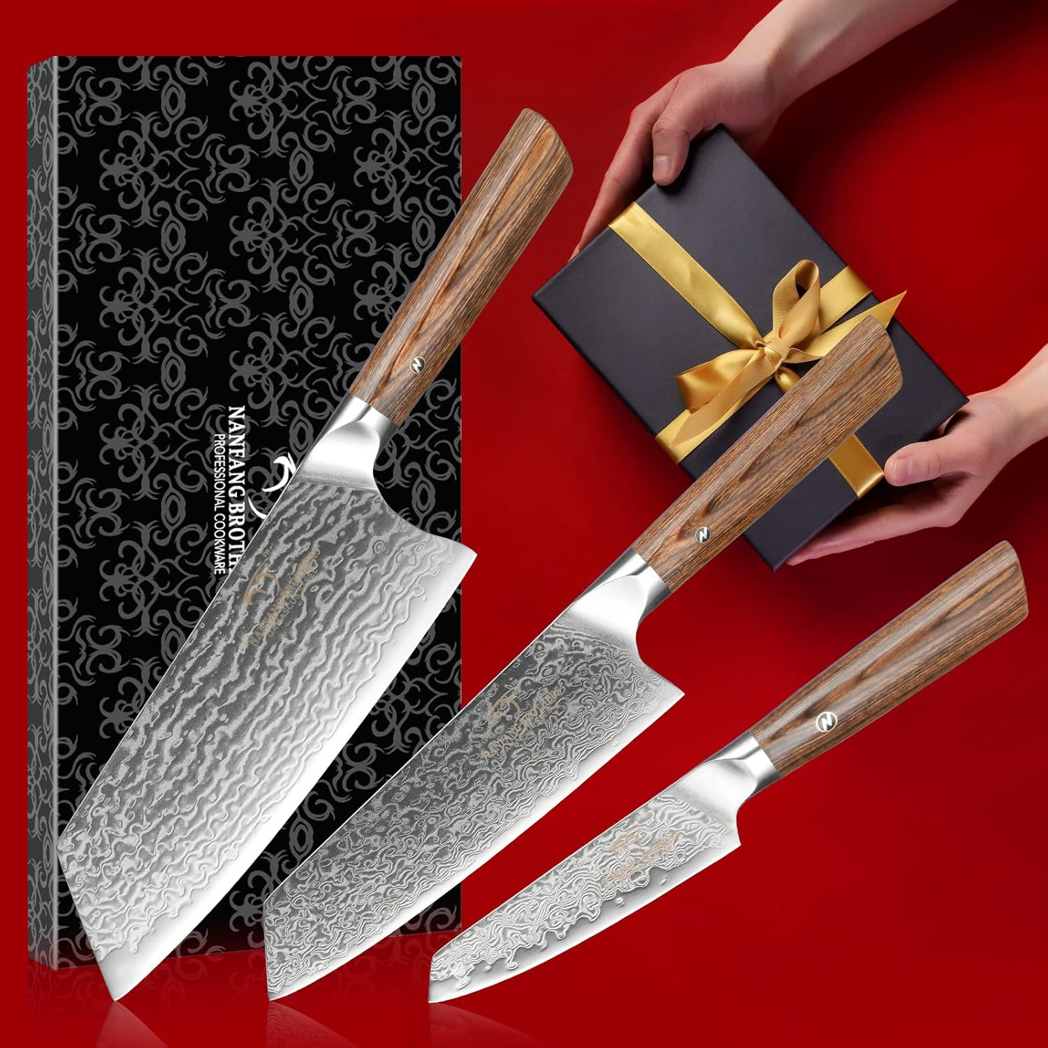 NANFANG BROTHERS VG10 damaszkuszi acél késkészlet – 3 db, szeletelő, santoku és hámozókés, hús, zöldség és gyümölcs vágásához.