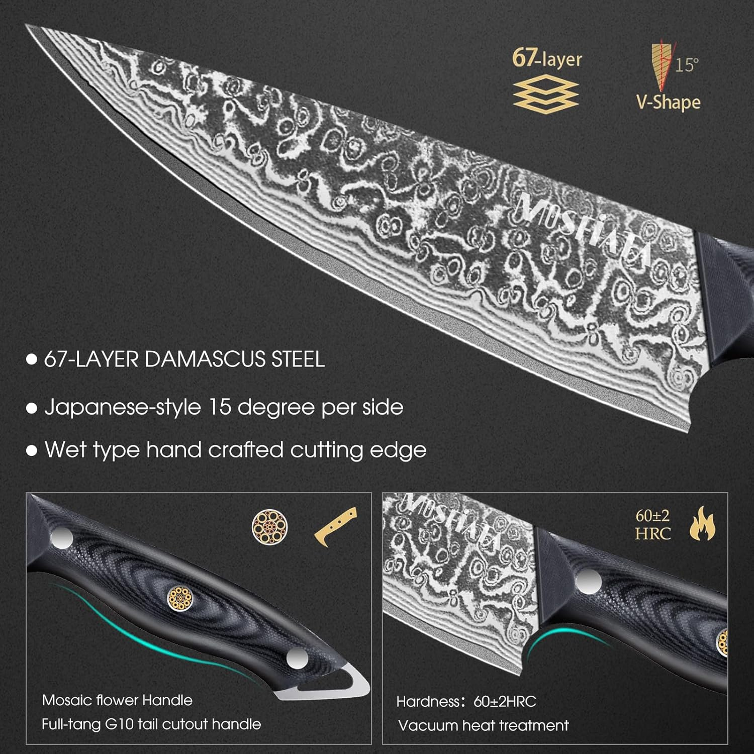 MOSFiATA damaszkuszi acél késkészlet – 3 db, 67 rétegű VG10 penge, ultraéles, ergonomikus G10 markolat, késélező rúddal, ajándékdobozzal.