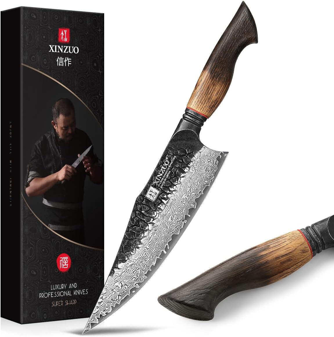 XINZUO damaszkuszi szakácskés | japán Gyuto | nagyon éles magas széntartalmú acél | fa nyél (fehér tölgy & piros G10)