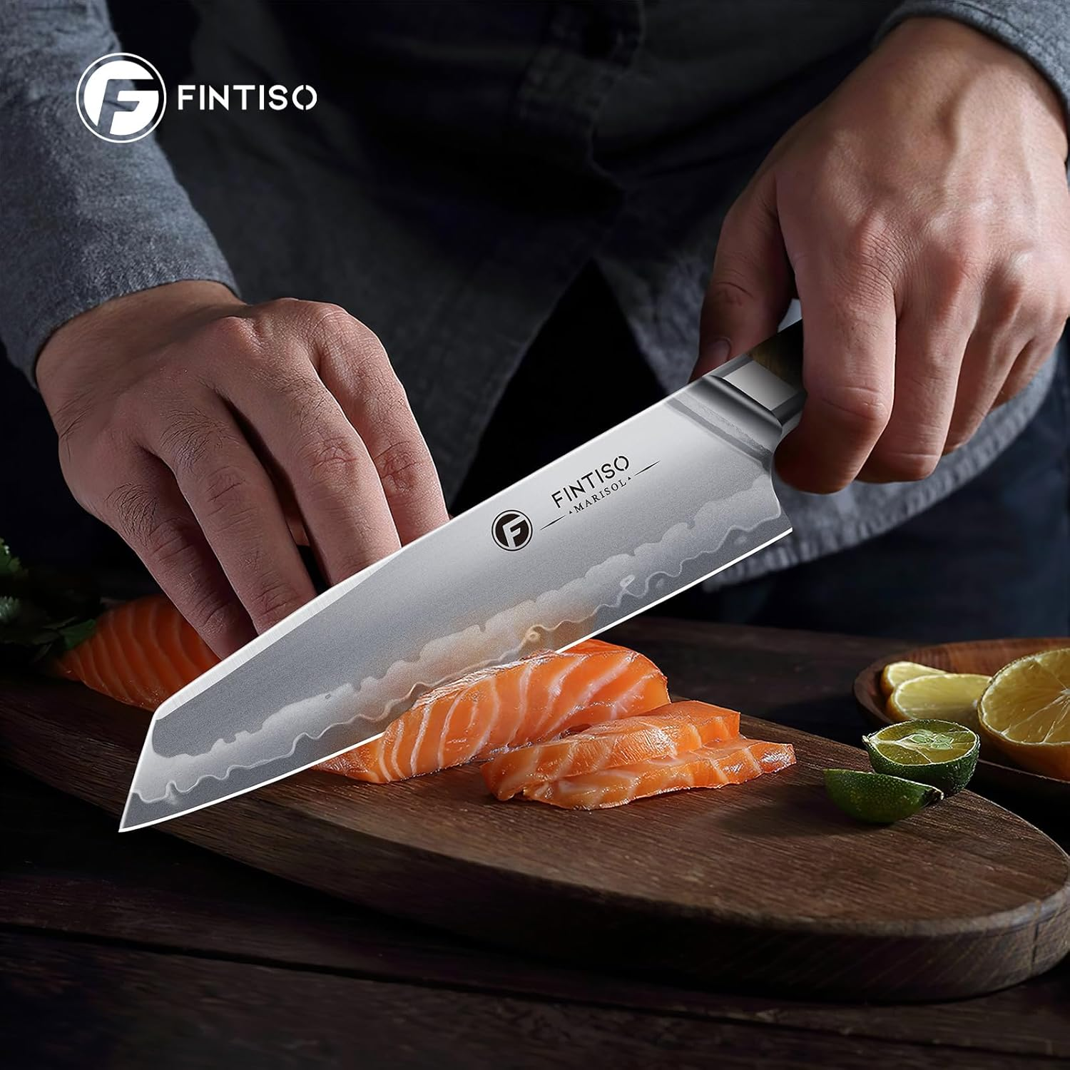 FINTISO  szakácskés | S35VN poracél mag | japán Gyuto konyhakés | 7 rétegű acél | rendkívül éles | égi gyanta és fa nyél | díszdobozban