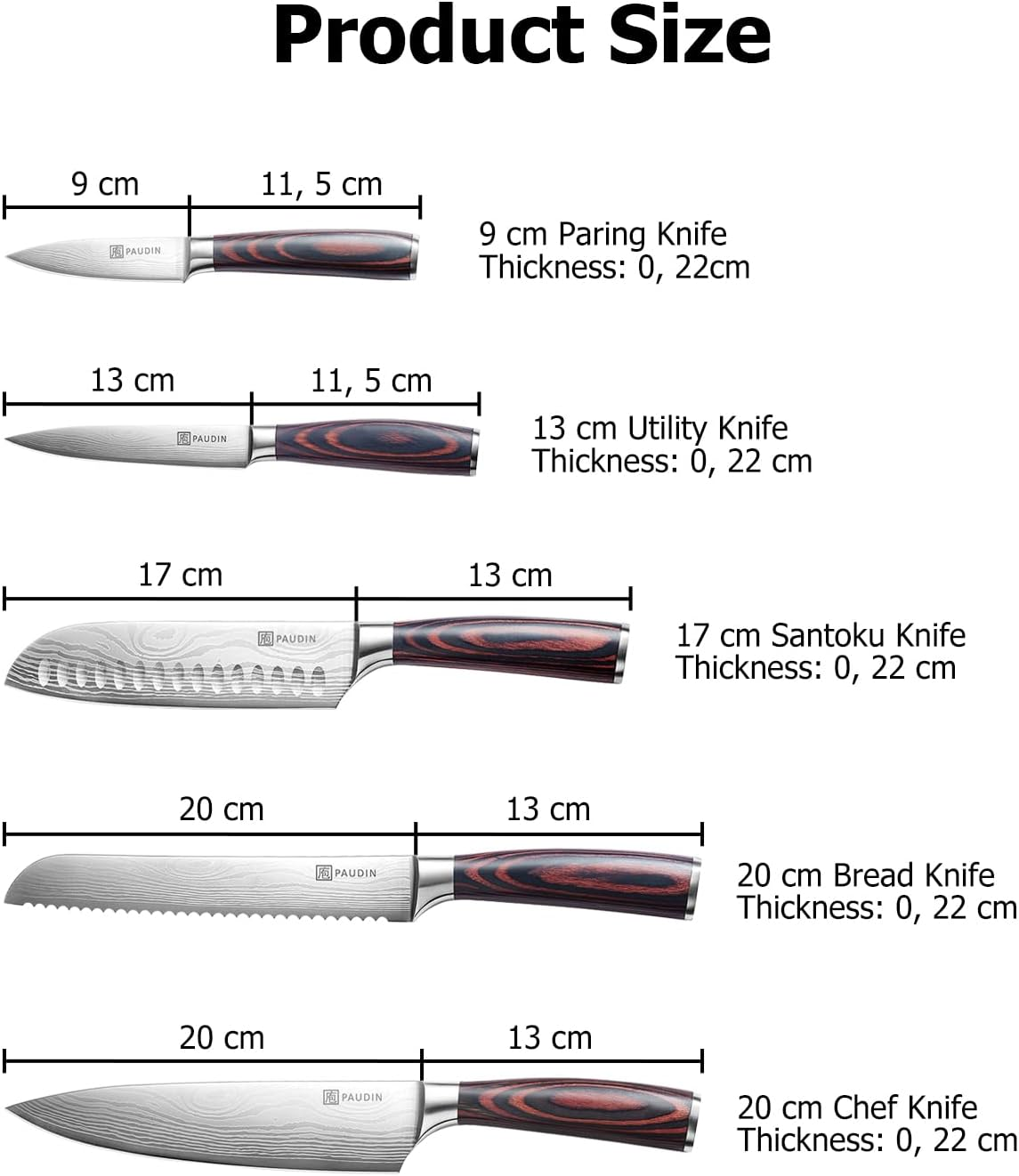 PAUDIN 5 részes konyhakéskészlet | magas széntartalmú rozsdamentes acél kések | japán stílusú szakácskés szett | ergonomikus nyél | díszdobozban