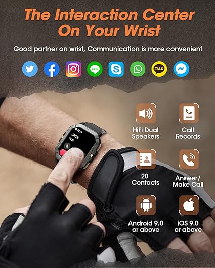 Katonai okosórák férfiaknak (hívásfogadás/hívásindítás), 2.02''-es fitnesz okosóra Androidra és iPhone-ra, vízálló fitneszkövető vérnyomás-/pulzusszám-/alvás-/100+ sportmóddal, órák férfiaknak