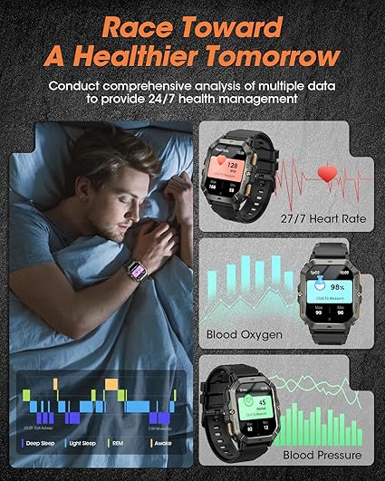 Katonai okosórák férfiaknak (hívásfogadás/hívásindítás), 2.02''-es fitnesz okosóra Androidra és iPhone-ra, vízálló fitneszkövető vérnyomás-/pulzusszám-/alvás-/100+ sportmóddal, órák férfiaknak