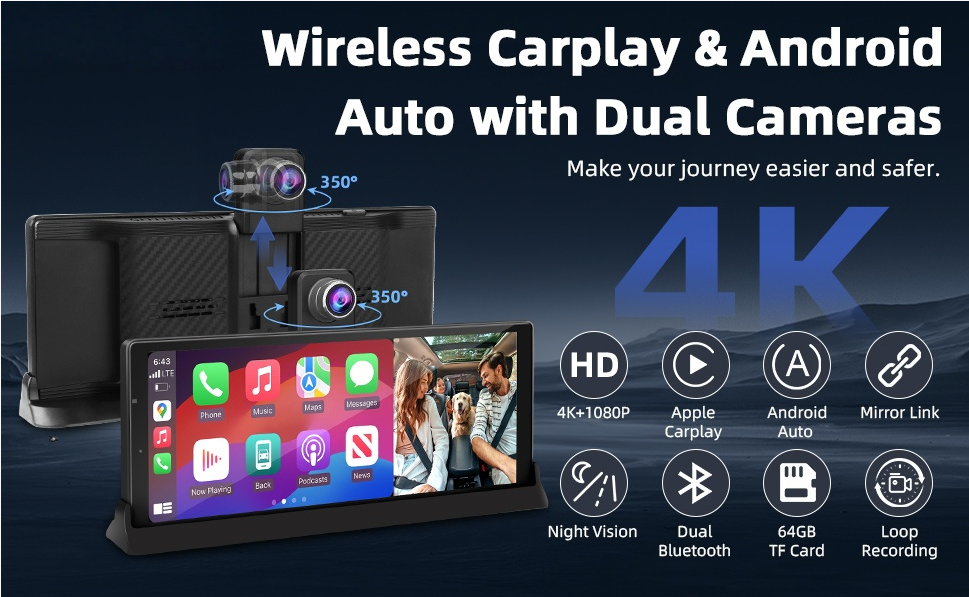 Philips 2026 Limitált Kiadású 10,26 hüvelykes autós CarPlay képernyő, 4K fedélzeti kamera, vezeték nélküli Apple CarPlay és Android Auto, egyedi tartó, 350°-ban forgatható kamera, hangvezérlés, Bluetooth navigáció és 1080P hátsó kamera