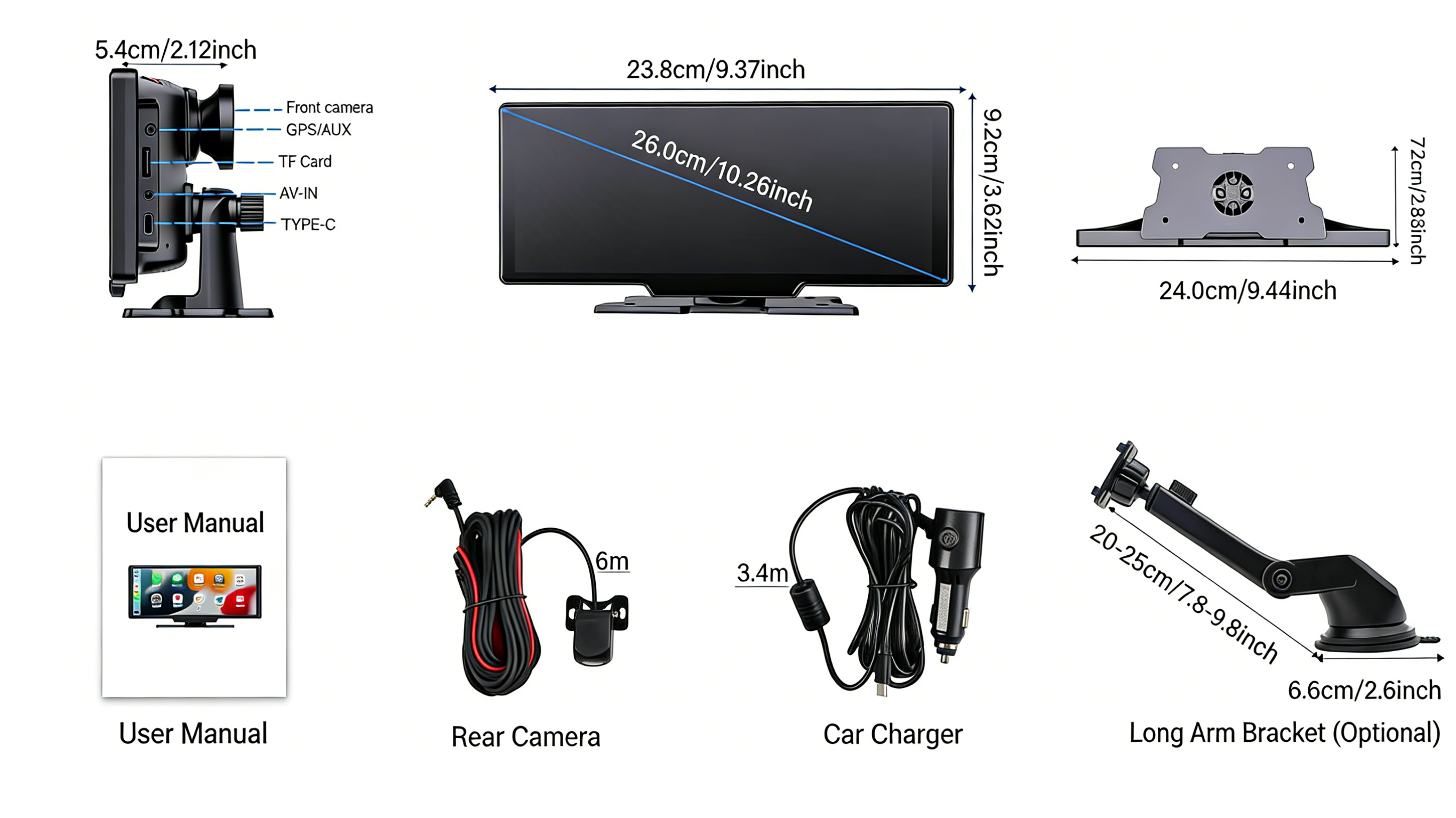 Philips Vezeték Nélküli CarPlay Okos Kijelző Dash Cam – 10,26” HD, Első–Hátsó Kamera, Szerelés Nélkül