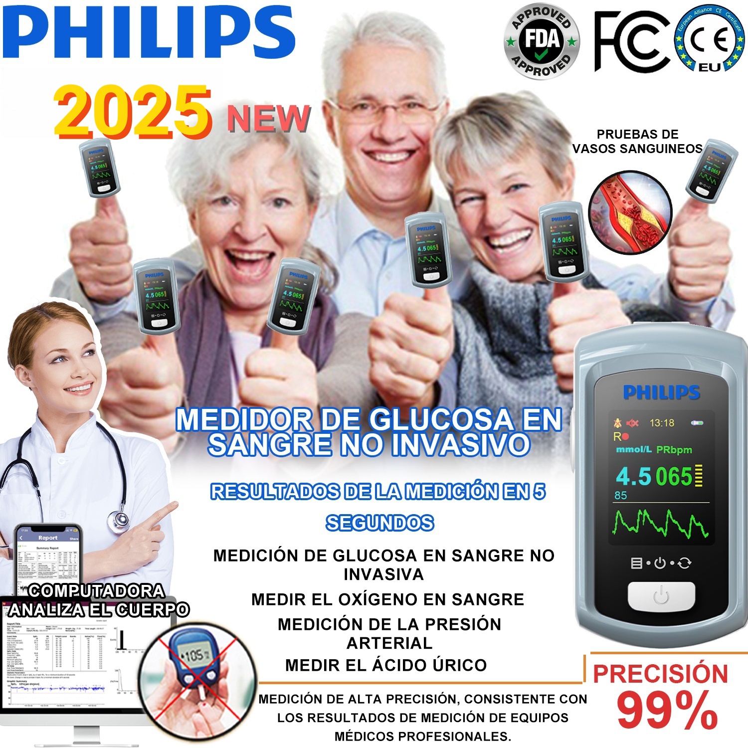 Medidor de glucosa en sangre no invasivo con láser Philips 2025, sin necesidad de extracción de sang