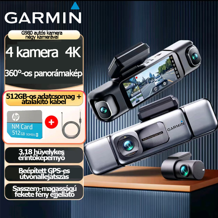 Garmin G980 mesterséges intelligenciával és hangvezérelt autós kamera négy kamerával, 360°-os panorámaképernyővel, 4K Ultra HD éjjellátóval és GPS-követéssel