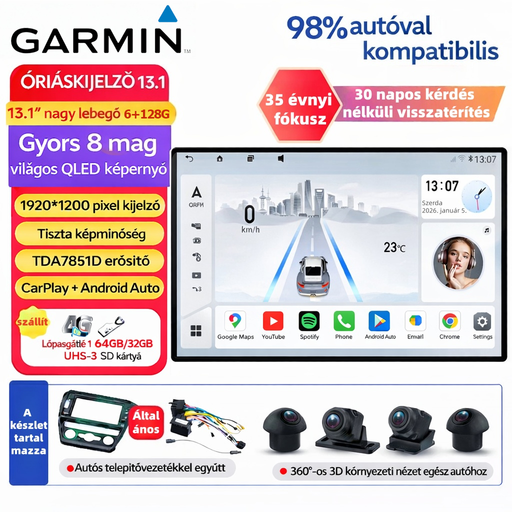 Garmin 13,1" QLED autós multimédiás központ | 360° panorámakamera | AR navigáció | Vezeték nélküli CarPlay & Android Auto