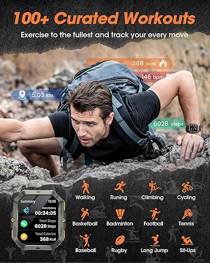 Katonai okosórák férfiaknak (hívásfogadás/hívásindítás), 2.02''-es fitnesz okosóra Androidra és iPhone-ra, vízálló fitneszkövető vérnyomás-/pulzusszám-/alvás-/100+ sportmóddal, órák férfiaknak
