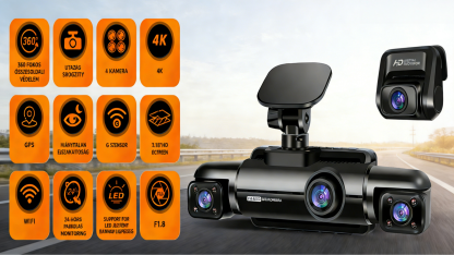 Garmin 360°-os intelligens vezetésbiztonsági rendszer｜Négykamerás panoráma · Radaros figyelmeztetés · AI hangvezérlés · Tolatási asszisztens · 128 GB tárhely