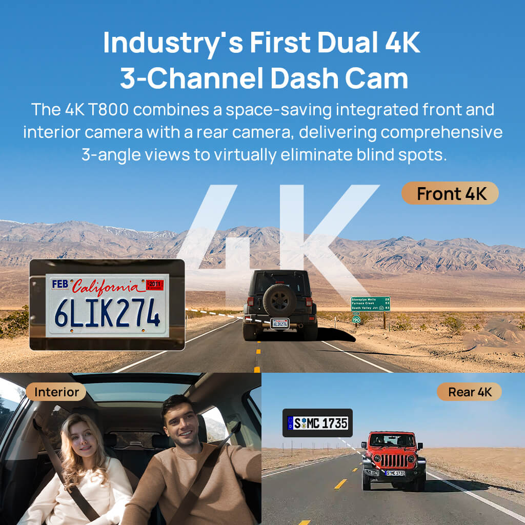 70mai autós kamera 4K T800 3 csatornás dupla 4K felbontással, STARVIS 2 IMX678-cal, HDR éjjellátóval, AI-érzékeléssel, vészhelyzeti rögzítéssel, 4G LTE-vel és szuperkondenzátorral