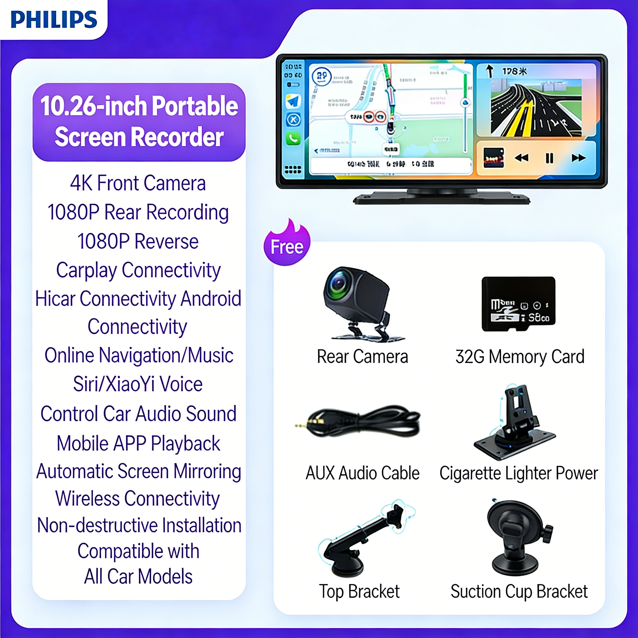 Philips Vezeték Nélküli CarPlay Okos Kijelző Dash Cam – 10,26” HD, Első–Hátsó Kamera, Szerelés Nélkül