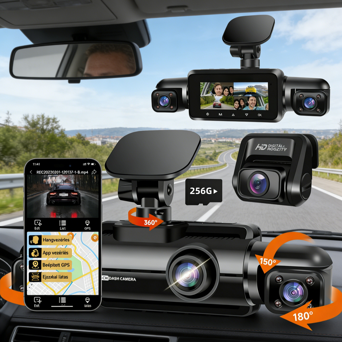 Garmin 360°-os intelligens vezetésbiztonsági rendszer｜Négykamerás panoráma · Radaros figyelmeztetés · AI hangvezérlés · Tolatási asszisztens · 128 GB tárhely