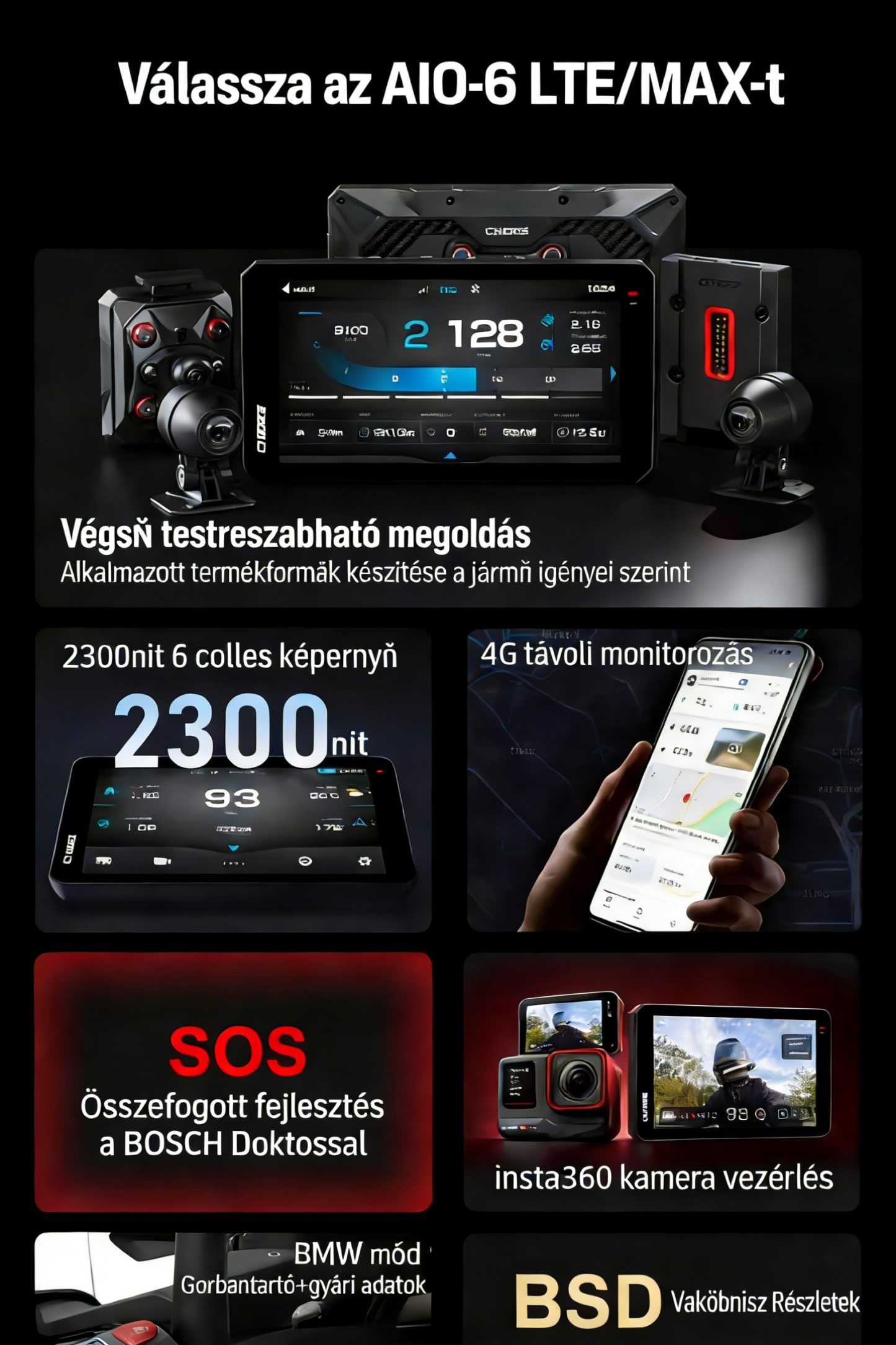Garmin AIO-6 LTE / MAX  Motorkerékpár-intelligens rendszer 4G távoli felügyelettel, SOS vészjelzéssel és holttérfigyeléssel