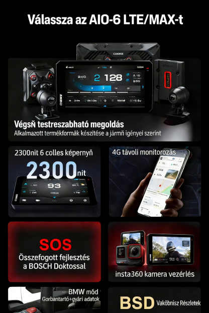 Garmin AIO-6 LTE / MAX  Motorkerékpár-intelligens rendszer 4G távoli felügyelettel, SOS vészjelzéssel és holttérfigyeléssel