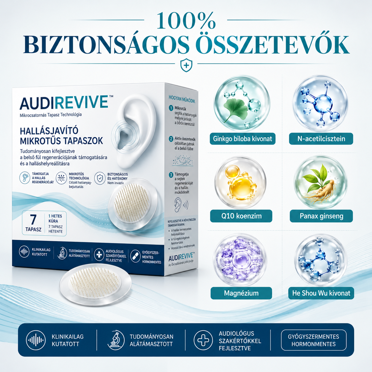 AUDIREVIVE™ HALLÁSJAVÍTÓ MIKRONŰS TAPASZOK ✅ Célzottan hat a halláskárosodásra, a fülzúgásra, a fülfertőzésekre, az egyensúlyzavarokra és az életkorral összefüggő füldegenerációra.