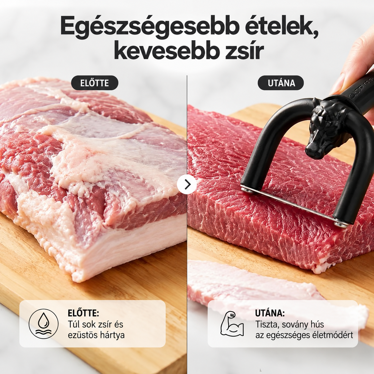 Marha- és sertéshús-szeletelő, kézi húszsír-eltávolító kés, ergonomikus húsvágó eszköz, amely ideális grillezéshez, húsfeldolgozáshoz és otthoni konyhai használatra.