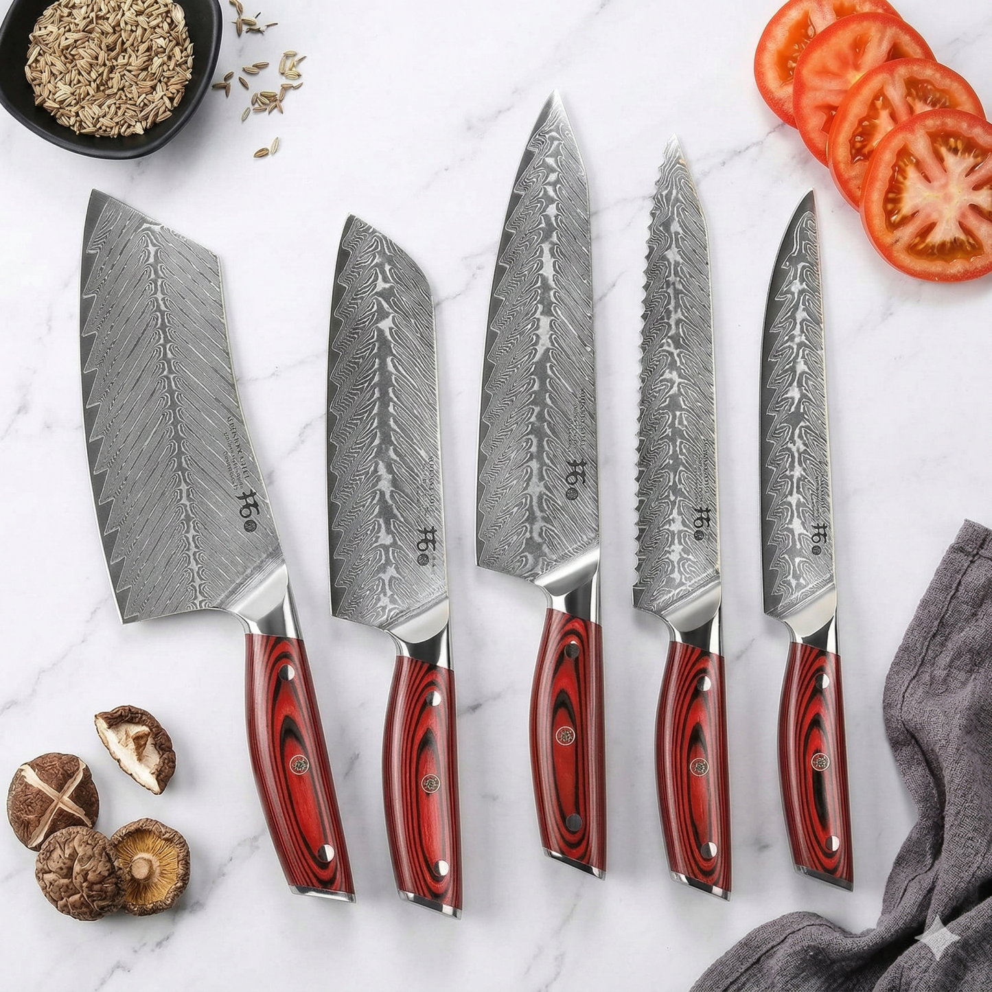 A japán konyhai kések 67 réteg VG10 damaszkuszi acélból készülnek, és 10 év garanciával rendelkeznek