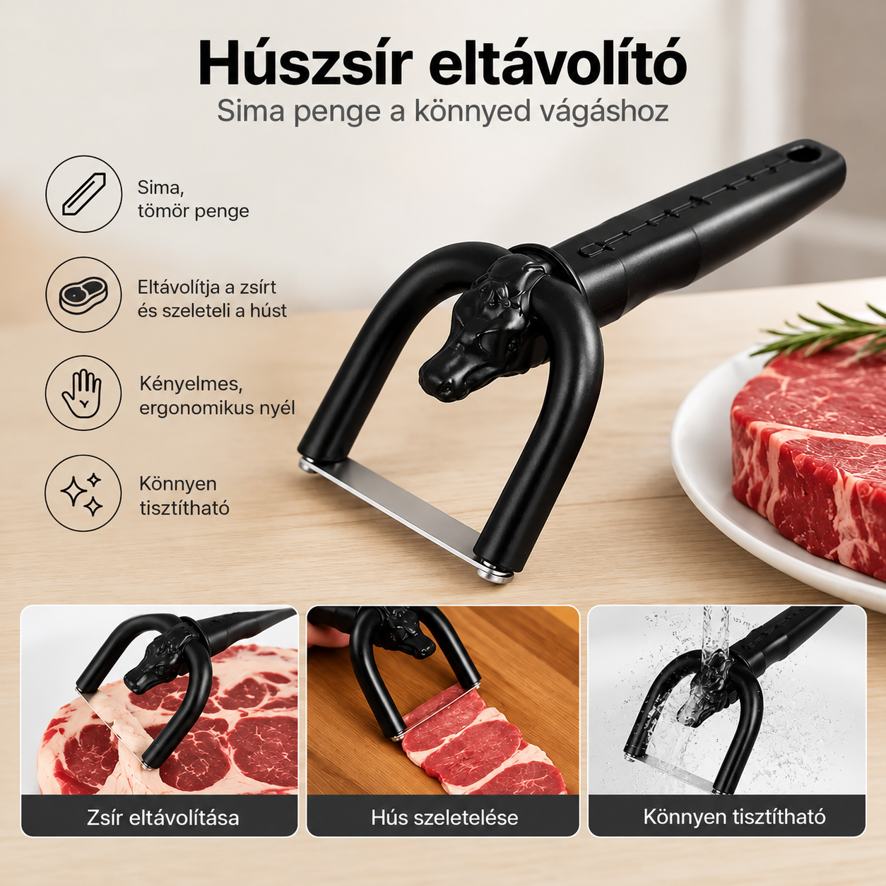 Marha- és sertéshús-szeletelő, kézi húszsír-eltávolító kés, ergonomikus húsvágó eszköz, amely ideális grillezéshez, húsfeldolgozáshoz és otthoni konyhai használatra.
