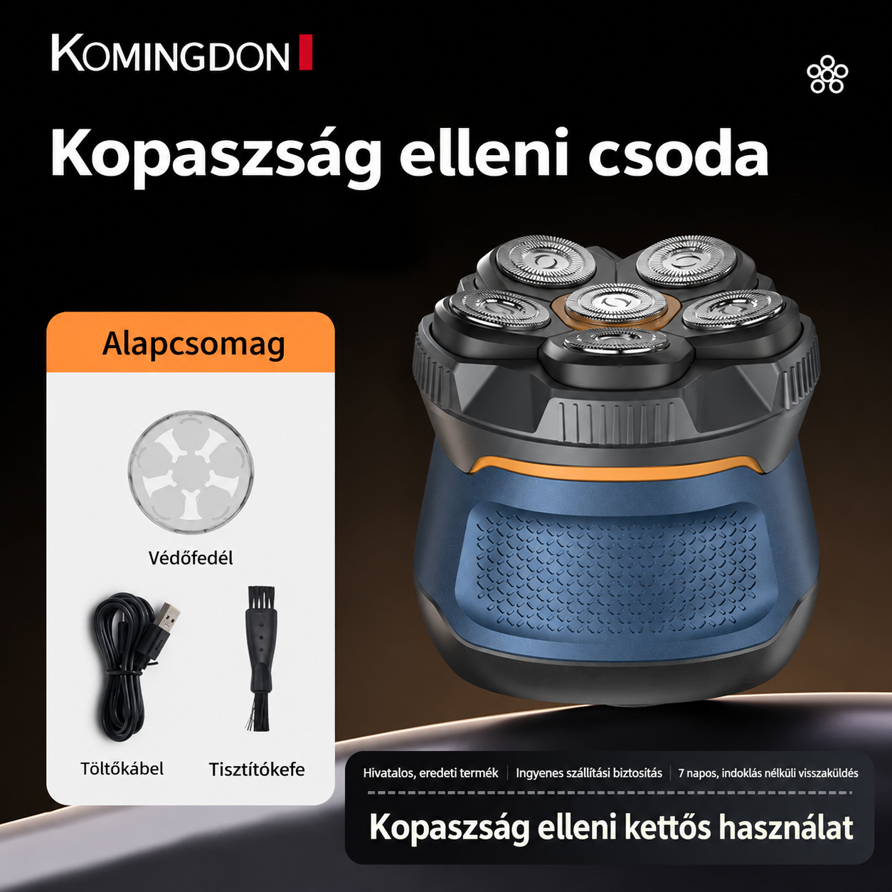 KOMINGDON 10 W-OS, NAGY TELJESÍTMÉNYŰ, VEZETÉK NÉLKÜLI HORDOZHATÓ BOROTVA – 360°-OS ALAPOS BOROTVÁLÁS, AKÁR 120 PERCES AKKUMULÁTOROS ÜZEMIDŐ, DUPLA GYŰRŰS BOROTVAFEJ ÉS BŐRKÖVETŐ BOROTVAHÁLÓ, SZEMÉLYES ÁPOLÁSHOZ.