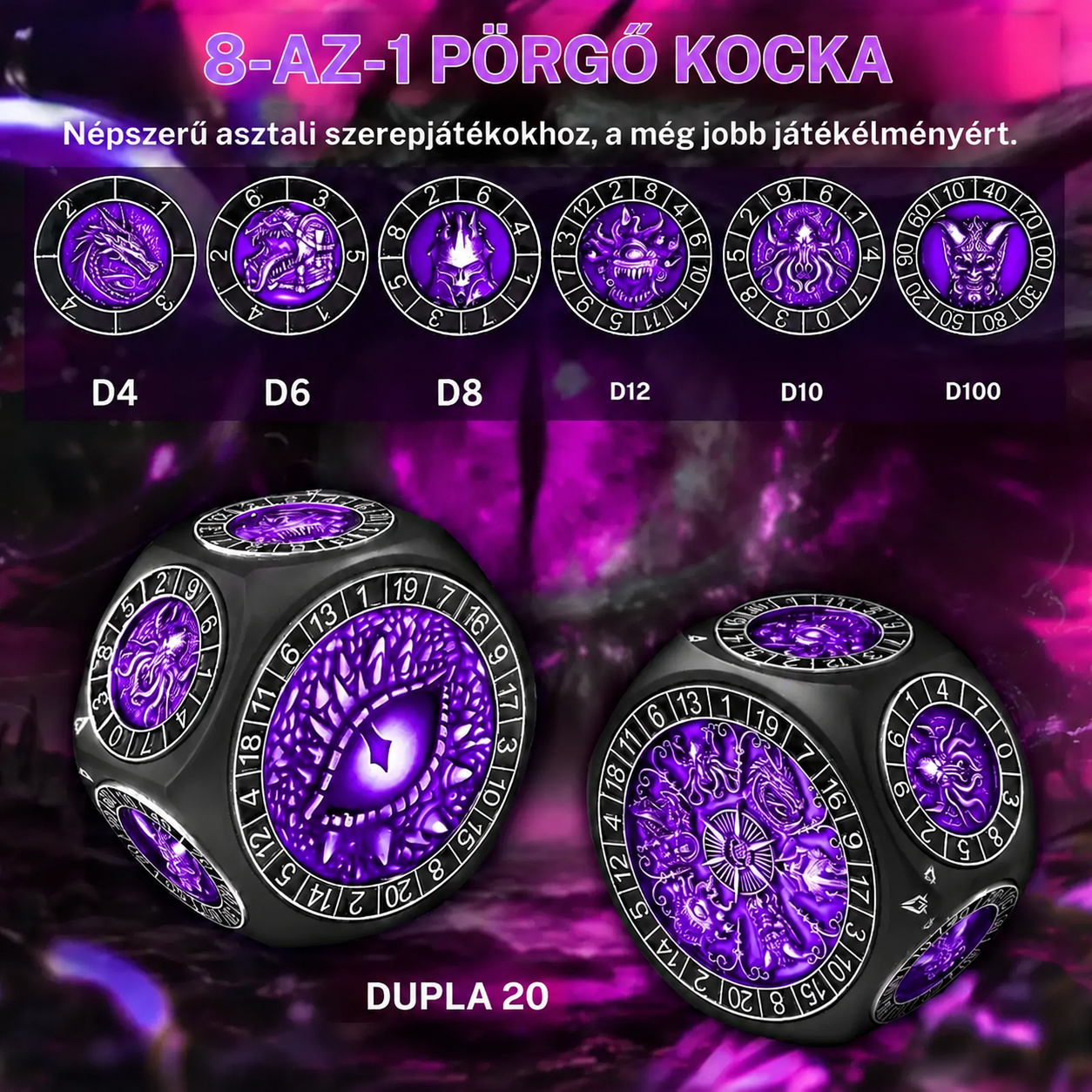 8 az 1-ben masszív, 60 mm-es fém pörgethető dobókocka 3D-s szörnygravírozással. Simán és hosszan pörög, 12 éves kortól játékosoknak. A szín meglepetés, véletlenszerűen kerül kiválasztásra!
