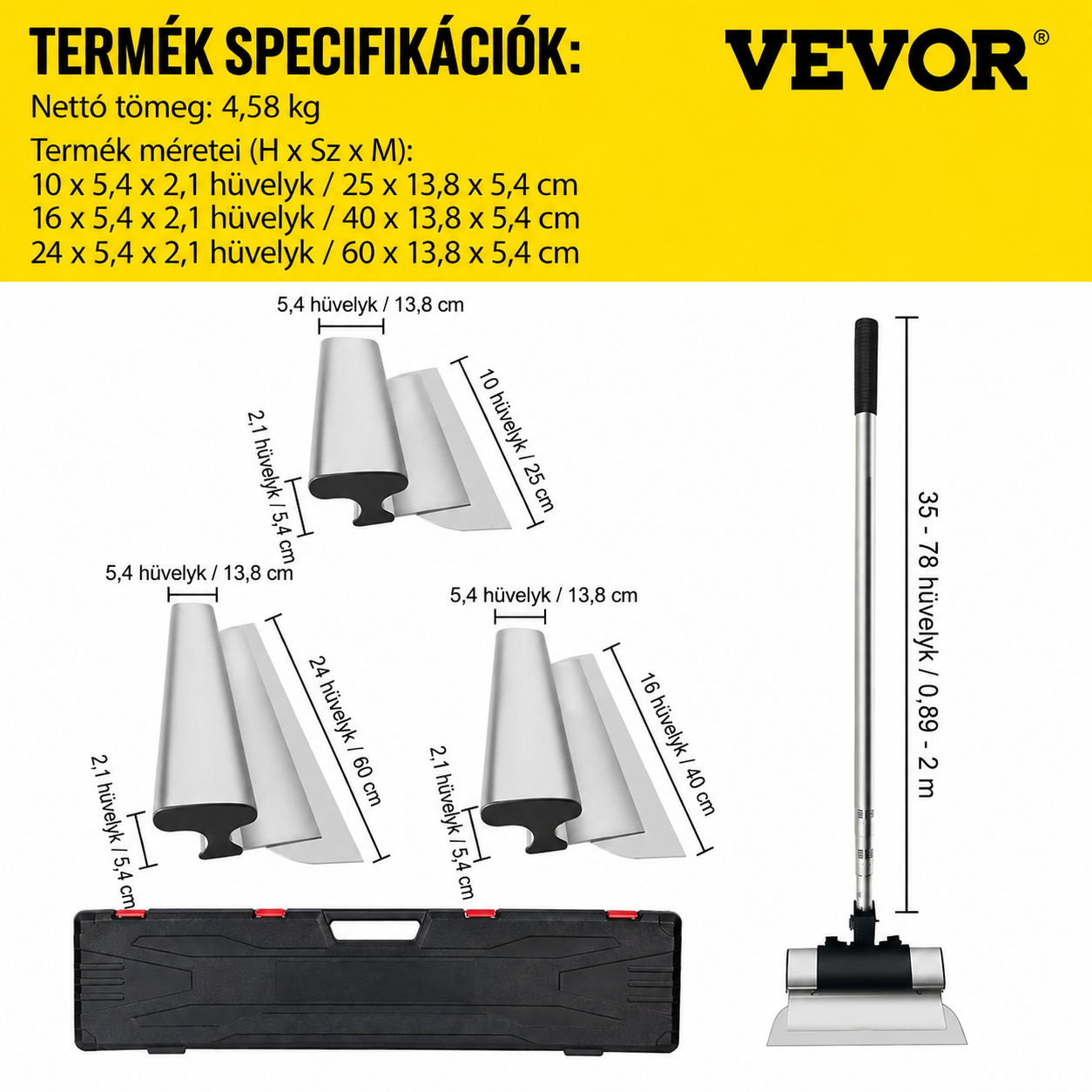 VEVOR PROFESSZIONÁLIS GLETTELŐKÉSZLET GIPSZKARTON FALAKHOZ – 7/10/14/16/24 HÜVELYKES ROZSDAMENTES ACÉL GLETTELŐPENGÉK + 34–81,6 HÜVELYKES TELESZKÓPOS HOSSZABBÍTÓ NYÉL.