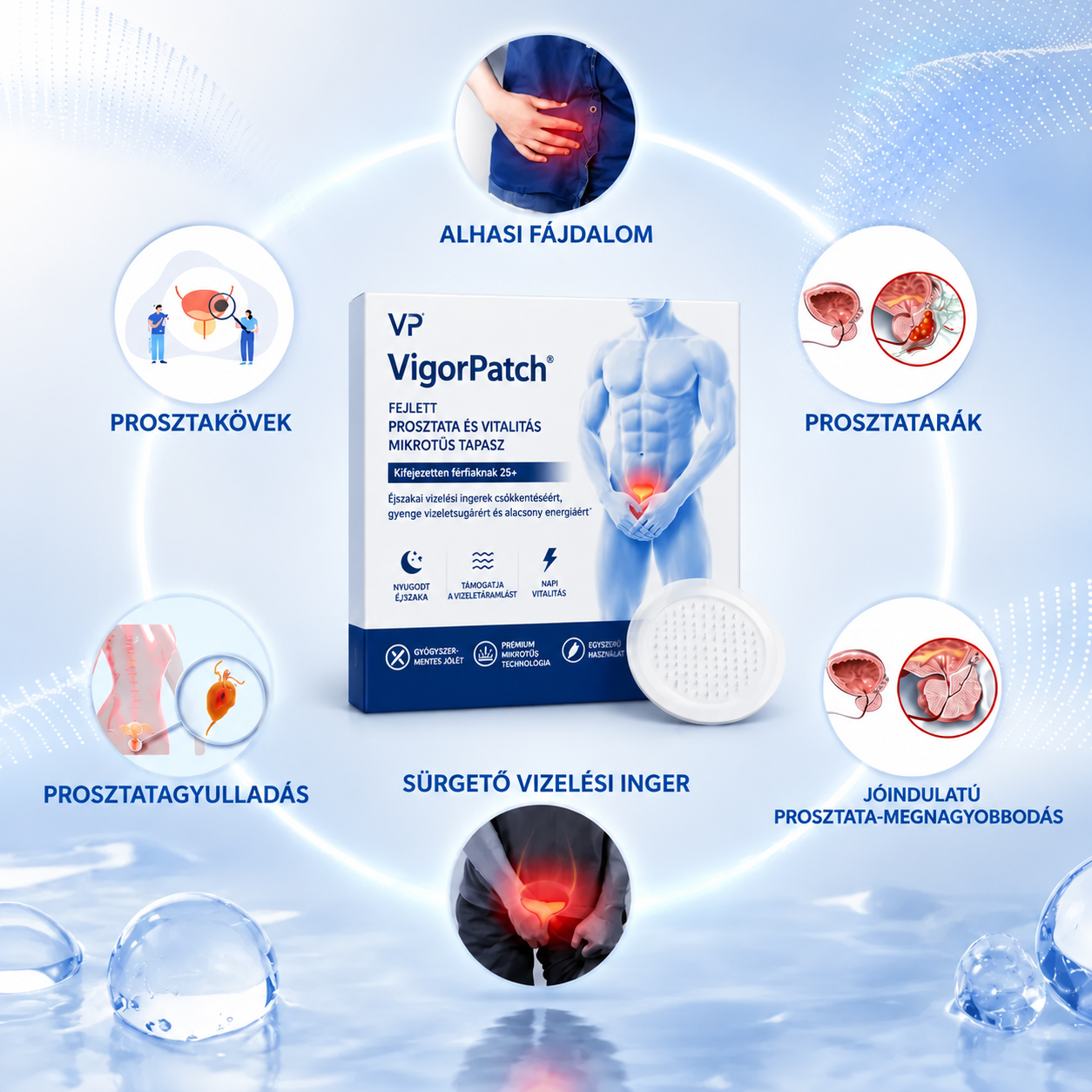 VigorPatch® Advanced Prosztata és Vitalitás Mikrotűs Tapasz, amelyet 25 év feletti férfiak számára terveztek, akik gyakori éjszakai vizeléssel, gyenge vizeletsugárral és alacsony energiaszinttel küzdenek.