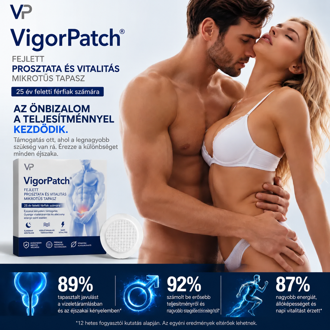VigorPatch® Advanced Prosztata és Vitalitás Mikrotűs Tapasz, amelyet 25 év feletti férfiak számára terveztek, akik gyakori éjszakai vizeléssel, gyenge vizeletsugárral és alacsony energiaszinttel küzdenek.